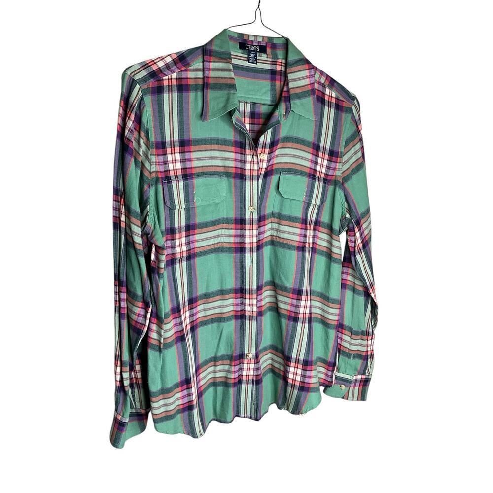 NWOT Chaps Shirt Button Up Long Sleeves Flannel Plaid Twill Green Womens Large